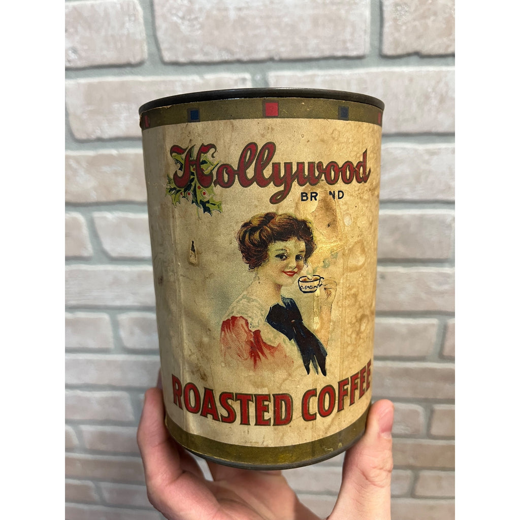 Antique Hollywood Roasted Coffee Tin 1lb Tall Can Madison Wi Victorian Lady Rare
