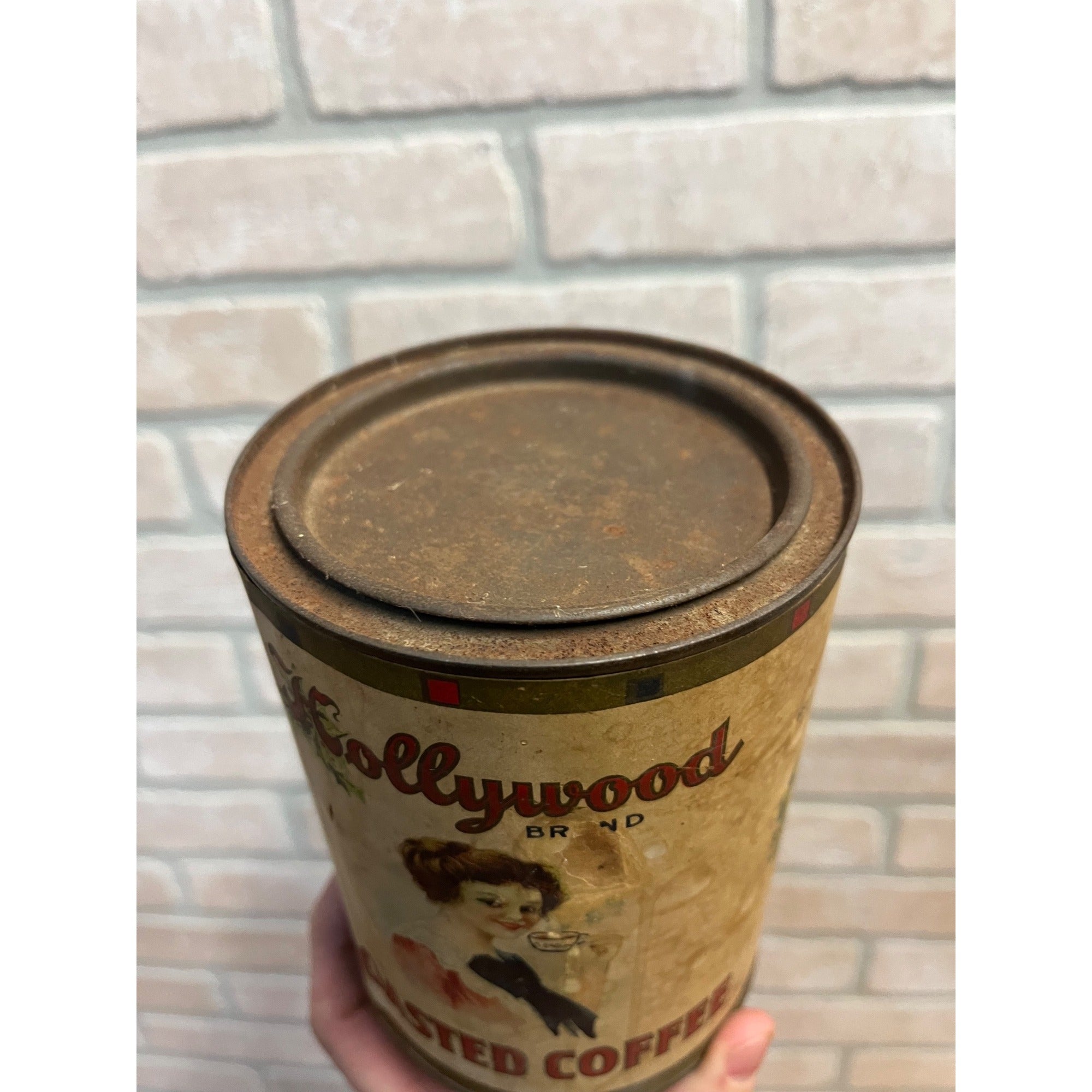 Antique Hollywood Roasted Coffee Tin 1lb Tall Can Madison Wi Victorian Lady Rare