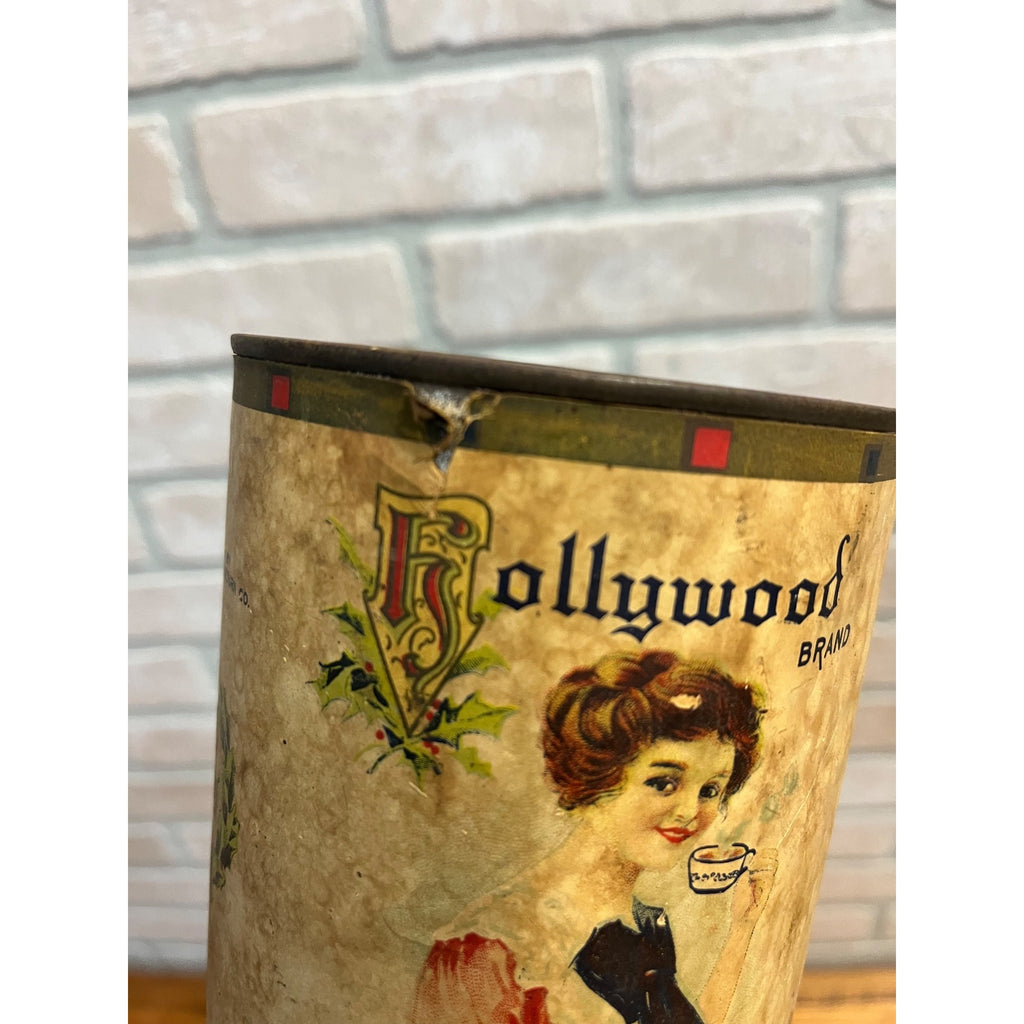 Antique Hollywood Roasted Coffee Tin 1lb Tall Can Madison Wi Victorian Lady Rare