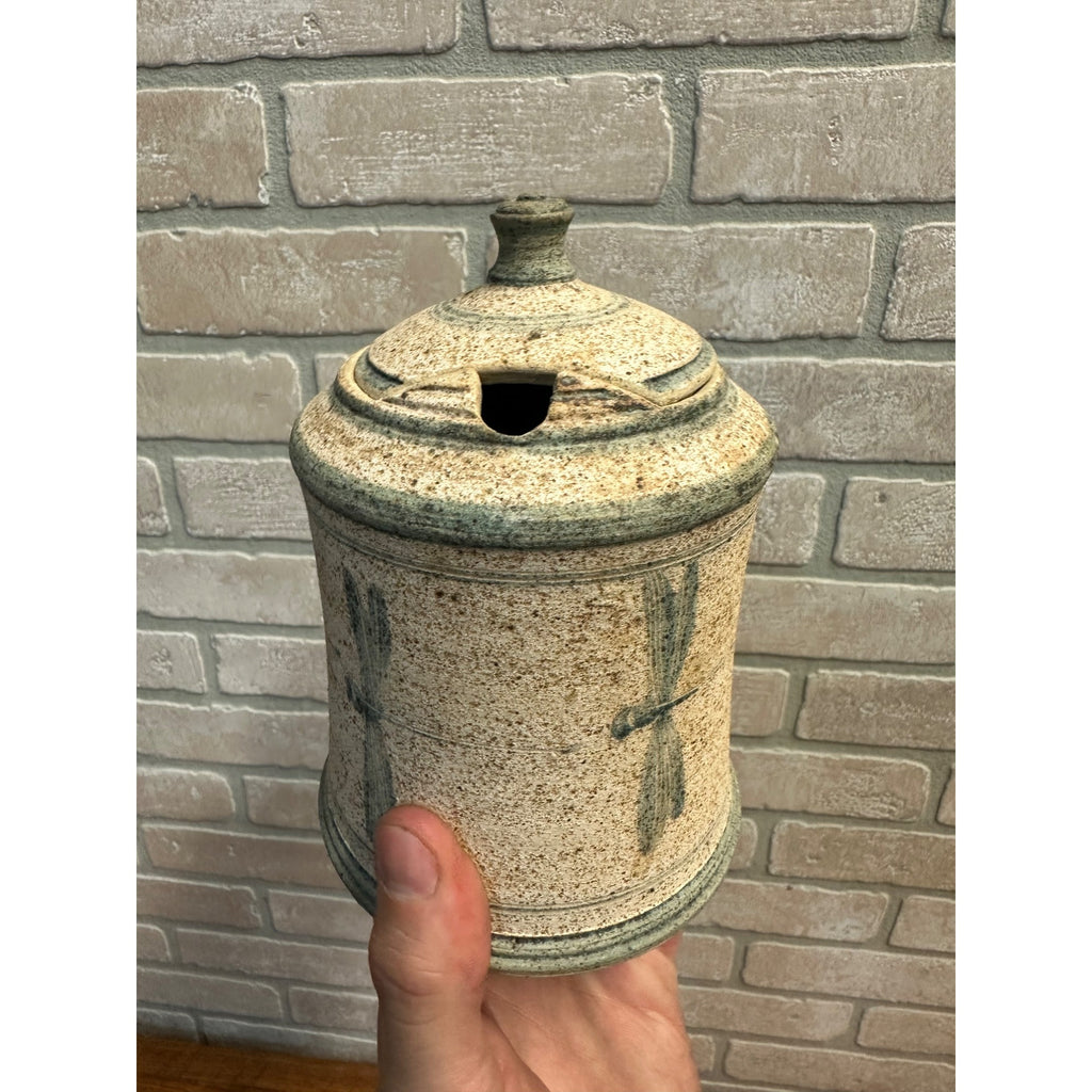 Vintage Dragonfly Art Pottery Lidded Mustard Jar Stoneware Glazed Primitive Farmhouse