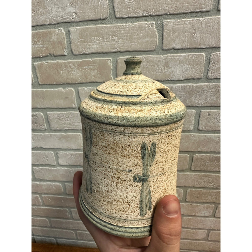 Vintage Dragonfly Art Pottery Lidded Mustard Jar Stoneware Glazed Primitive Farmhouse