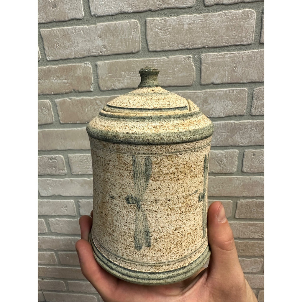 Vintage Dragonfly Art Pottery Lidded Mustard Jar Stoneware Glazed Primitive Farmhouse