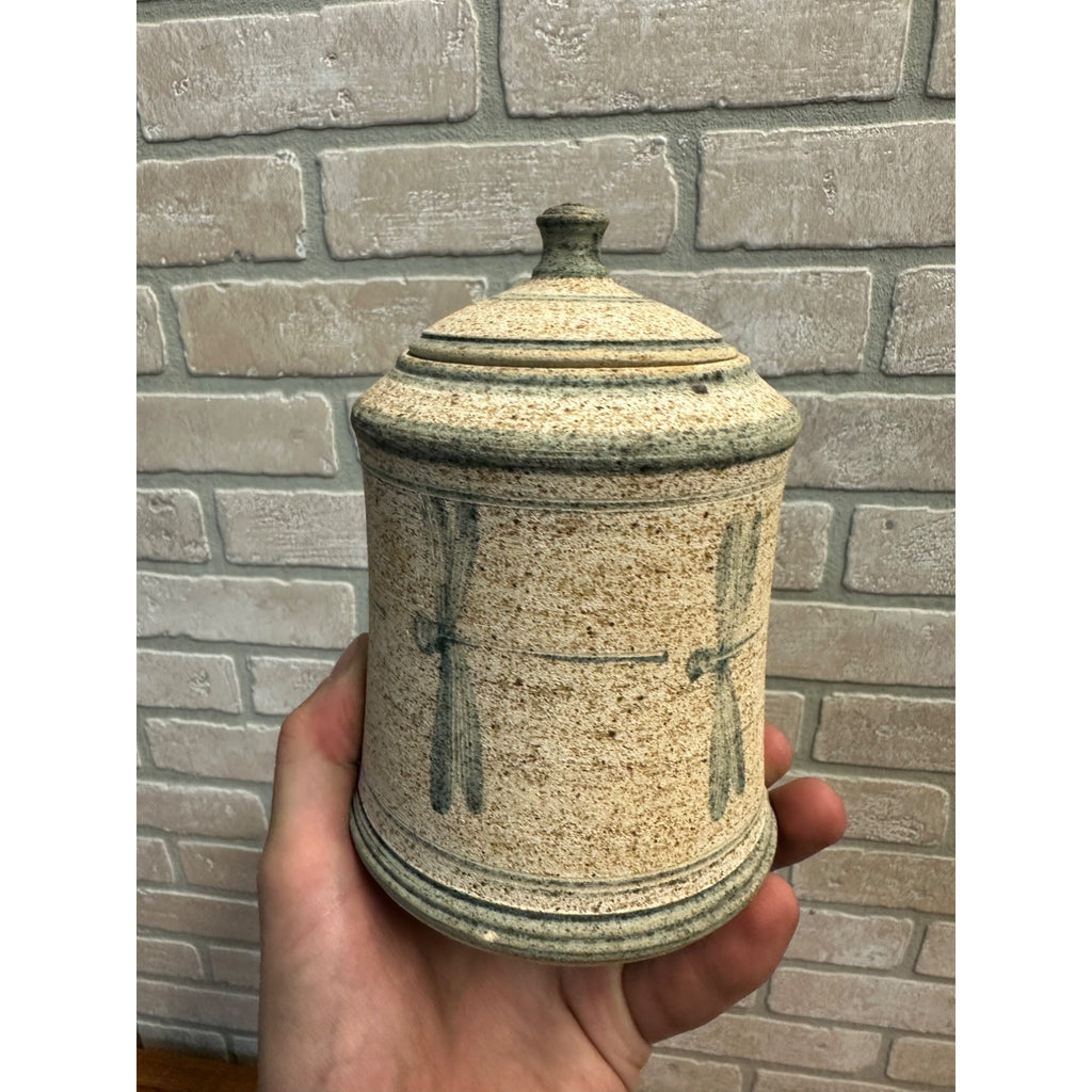 Vintage Dragonfly Art Pottery Lidded Mustard Jar Stoneware Glazed Primitive Farmhouse