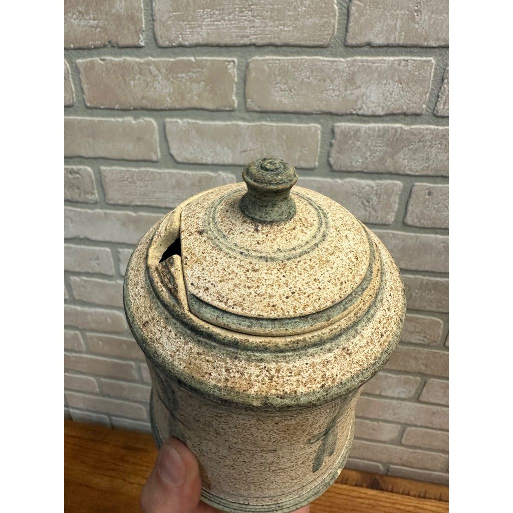 Vintage Dragonfly Art Pottery Lidded Mustard Jar Stoneware Glazed Primitive Farmhouse