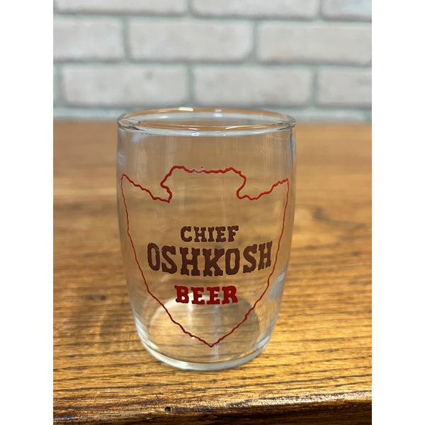 Chief Oshkosh Barrel Beer Glass ACL Oshkosh Wisconsin Brown and Red Variation