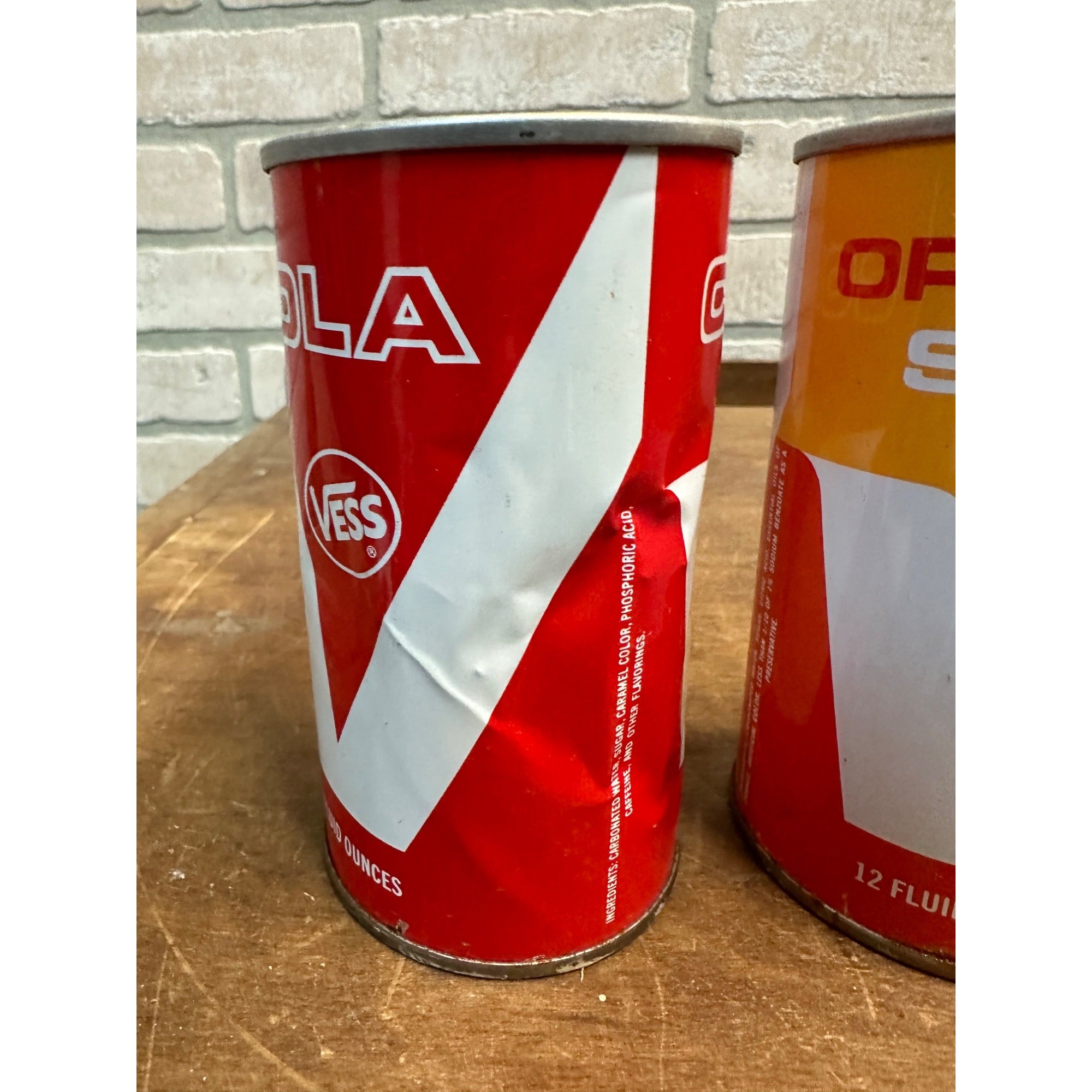 Vintage Vess Soda Pop Cans (2) Cola + Orange Steel Pull Tab Flat Top