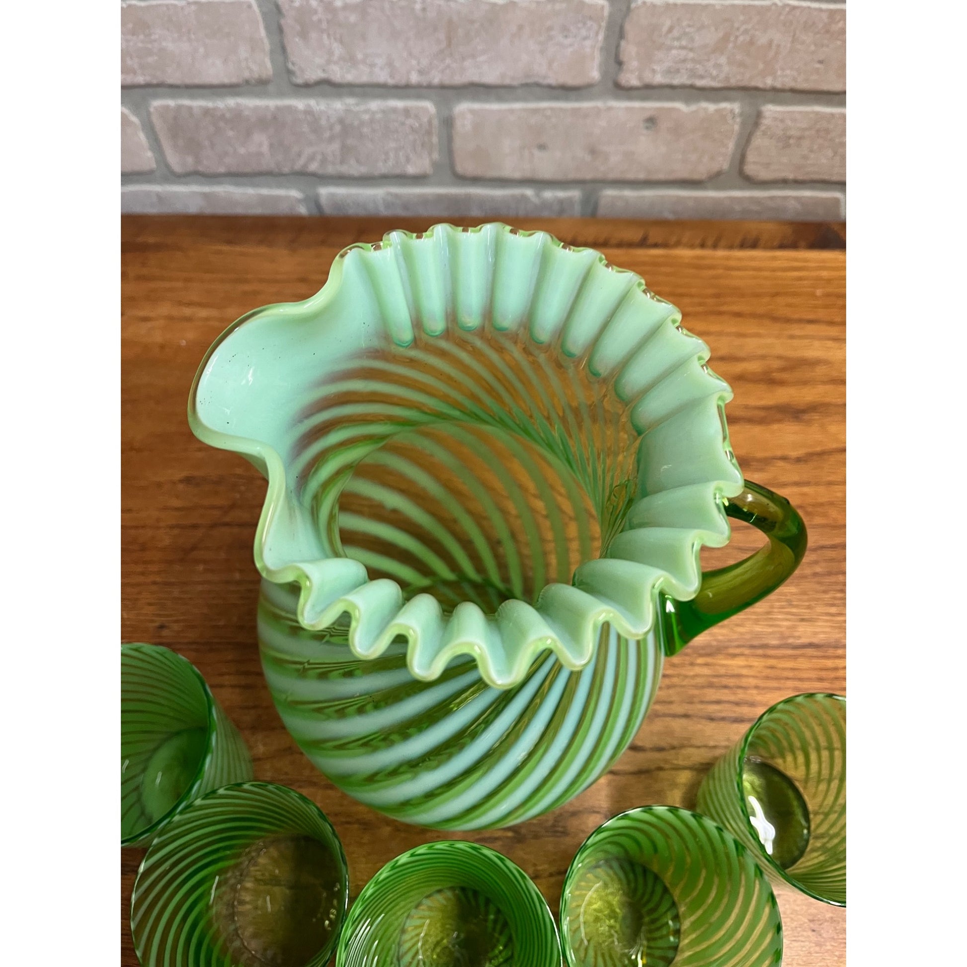 Fenton Topaz Opalescent Hobnail Vase 7" Tall Yellow Vaseline Glass, Ruffled Rim