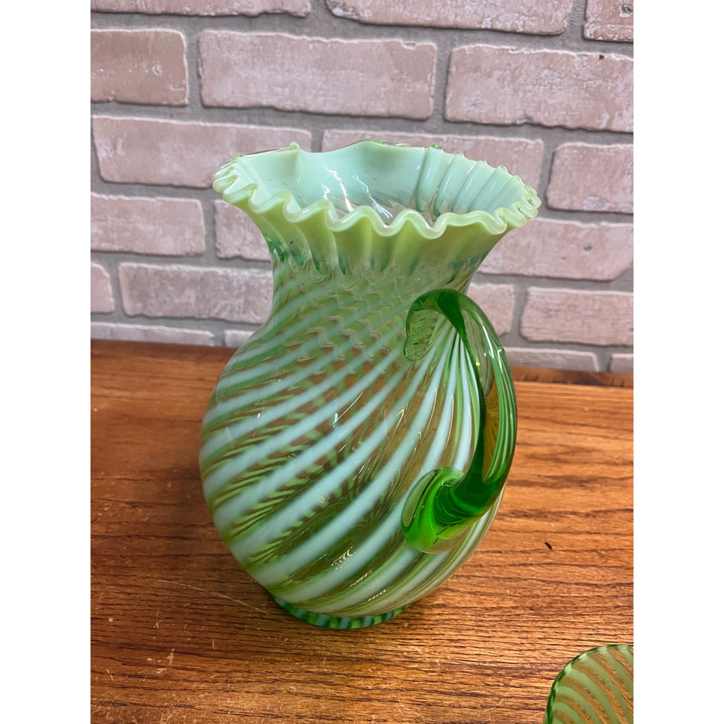 Rare Fenton Vaseline 1939 Green Opalescent Spiral Optic Pitcher & Glass Set