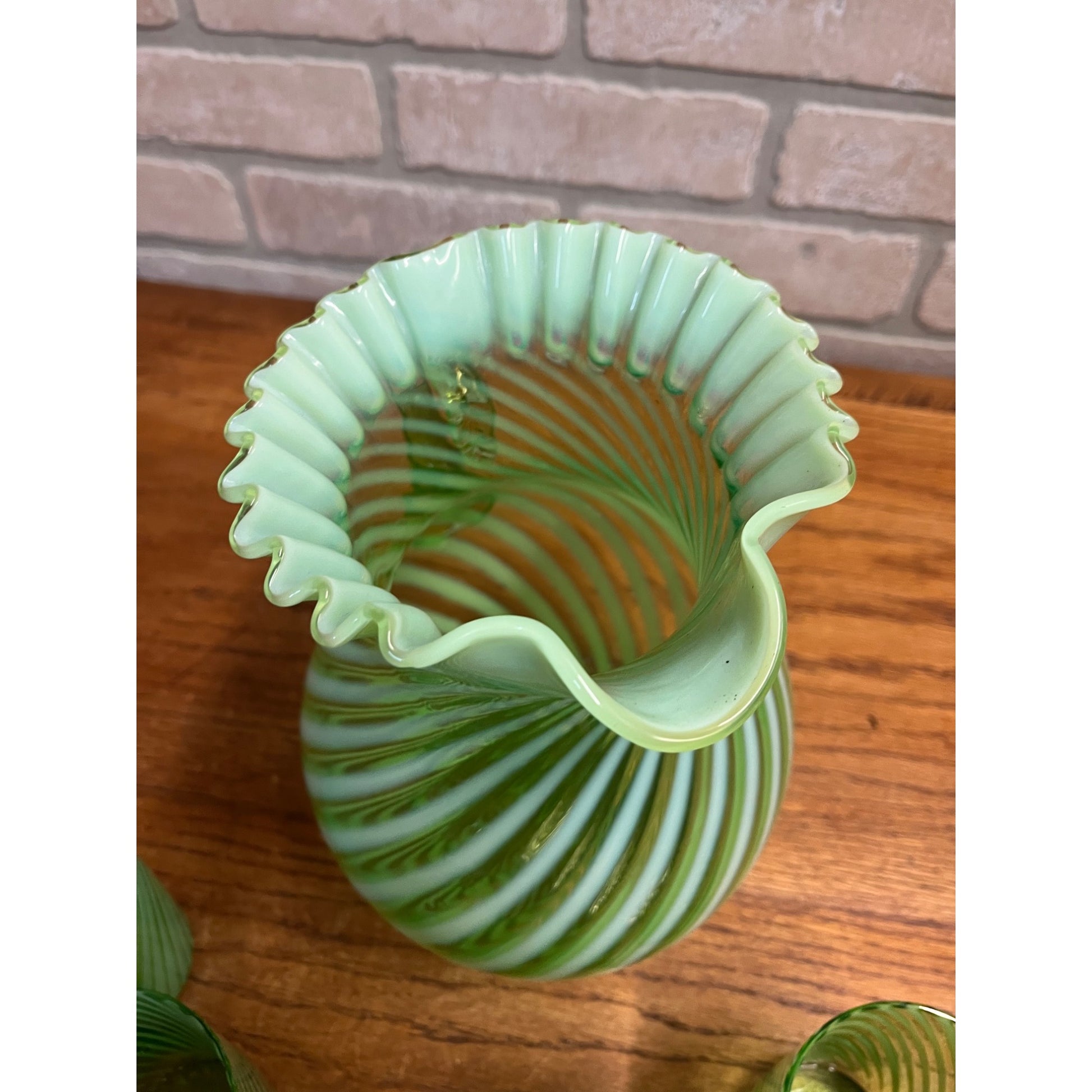 Fenton Topaz Opalescent Hobnail Vase 7" Tall Yellow Vaseline Glass, Ruffled Rim