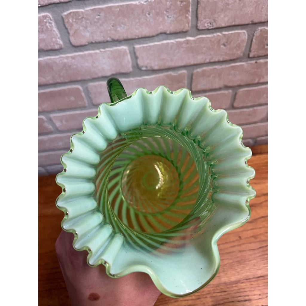 Rare Fenton Vaseline 1939 Green Opalescent Spiral Optic Pitcher & Glass Set