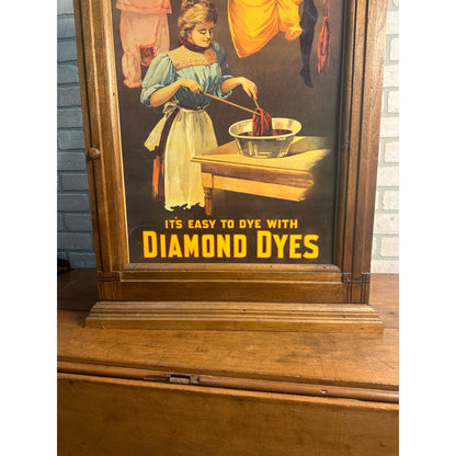 Vintage Diamond Dyes Advertising Oak Wooden Cabinet w/ Repro Sign