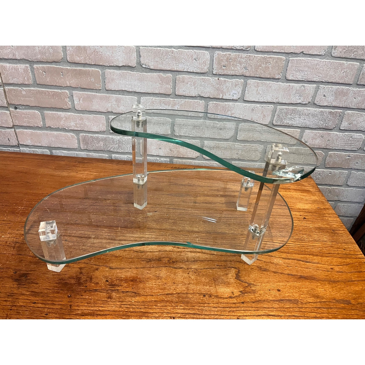 Vintage 1960s Store Display 2-Tier Kidney-Shaped Glass Display Stand Shelf