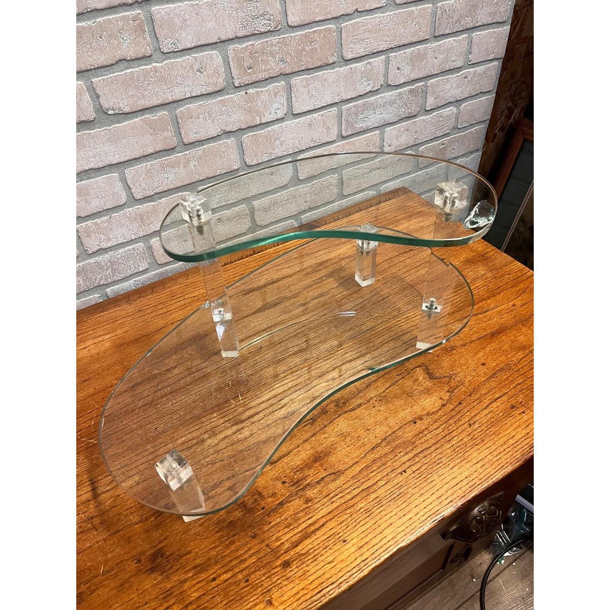 Vintage 1960s Store Display 2-Tier Kidney-Shaped Glass Display Stand Shelf