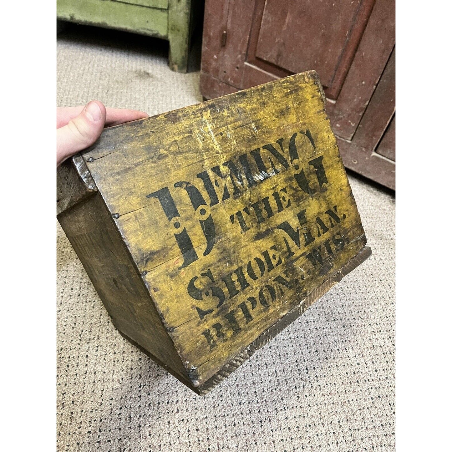 Antique Primitive Wooden Egg Crate Shoe Advertising Mustard Yellow Ripon Wis