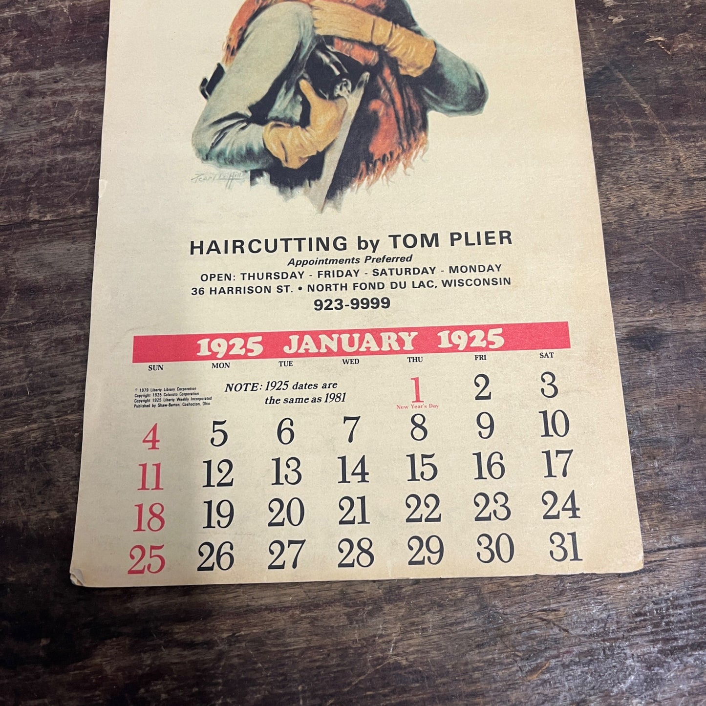 1981 Calendar Haircutting Salon Tom Plier North Fond du Lac Advertising