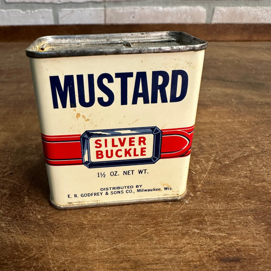 VINTAGE Silver Buckle MUSTARD Milwaukee Spice Tin Kitchen Decor