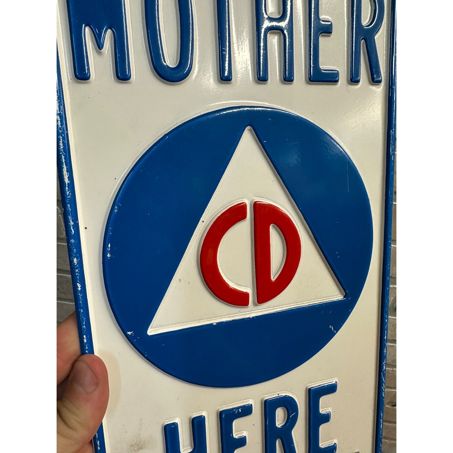 VINTAGE US CIVIL DEFENSE BLOCK MOTHER EMBOSSED STEEL SIGN COLD WAR MEMORABILIA