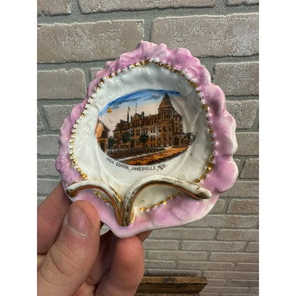 Vintage 1900s Janesville Wis High School Building Souvenir Porcelain Dish