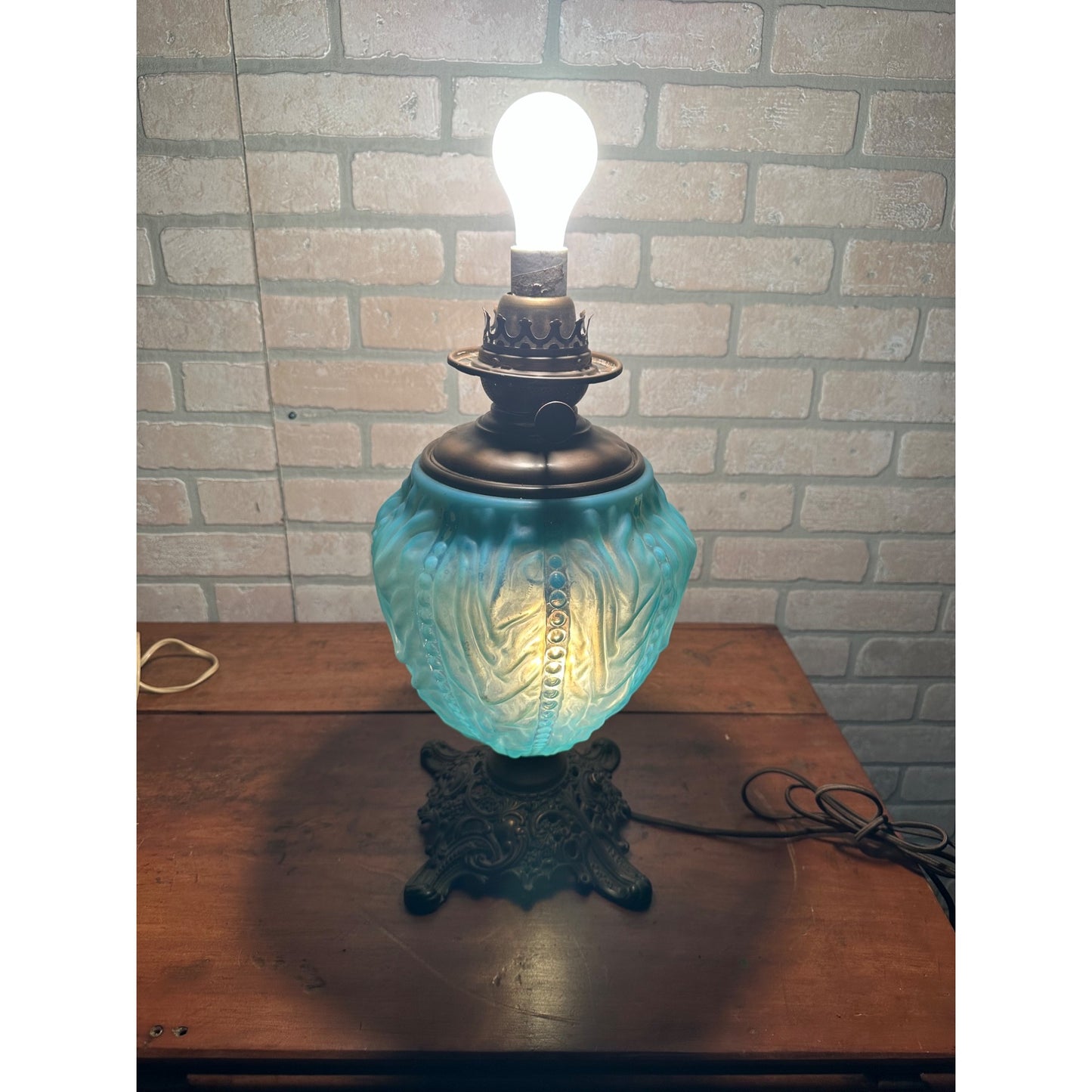 Antique Pittsburgh Lamp Co. Blue Satin Beaded Drape GWTW Oil Lamp Electrified