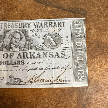 1863  $10 ARKANSAS TREASURY WARRANT CIVIL WAR ERA TEN DOLLARS FINE