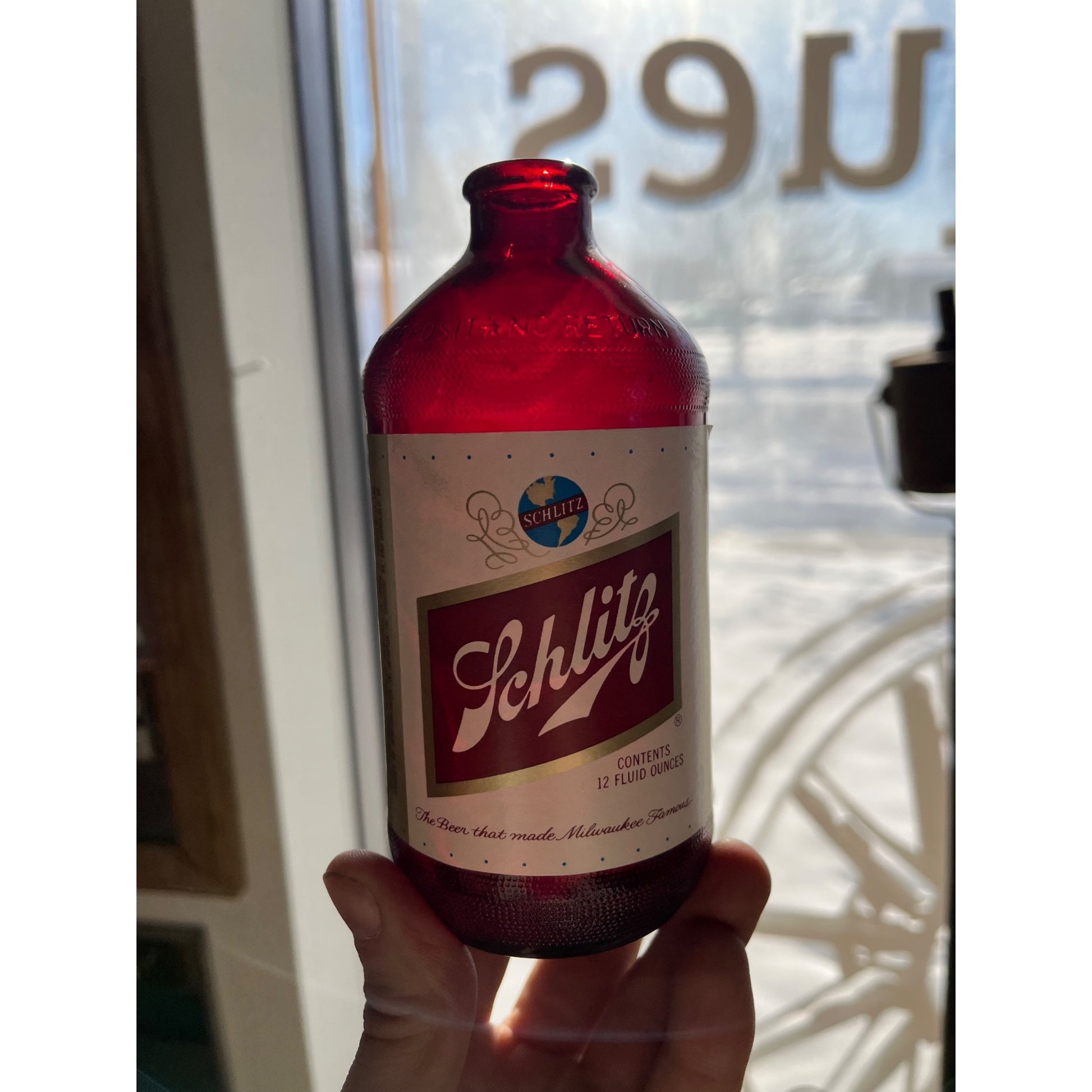 Vintage Royal Ruby Red Schlitz Beer Bottle Anchor Glass 1963 w/ Label Cone Top