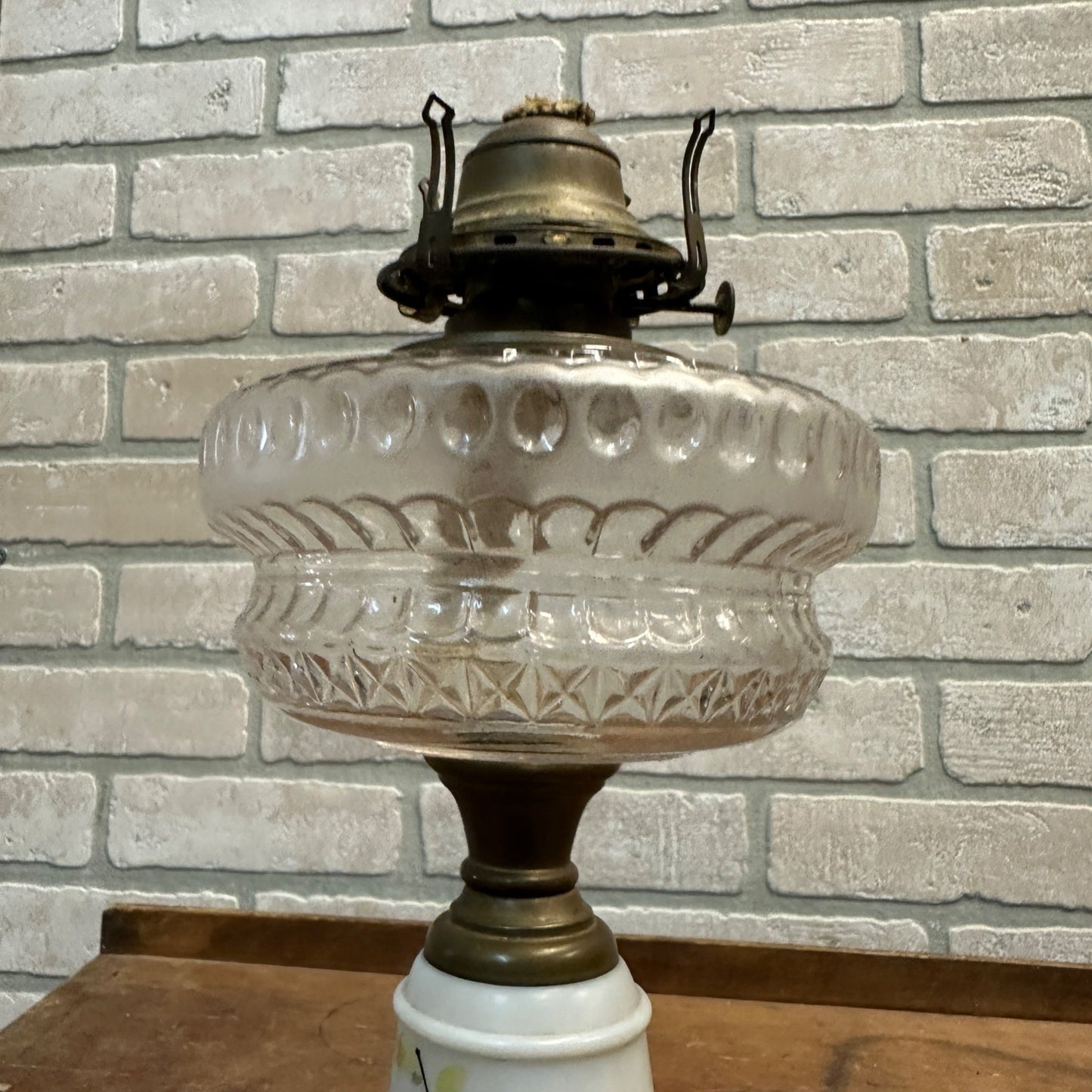 Antique 1800s EAPG Early Oil Kerosene Pedestal Lamp Berries w/ Milk Glass Base
