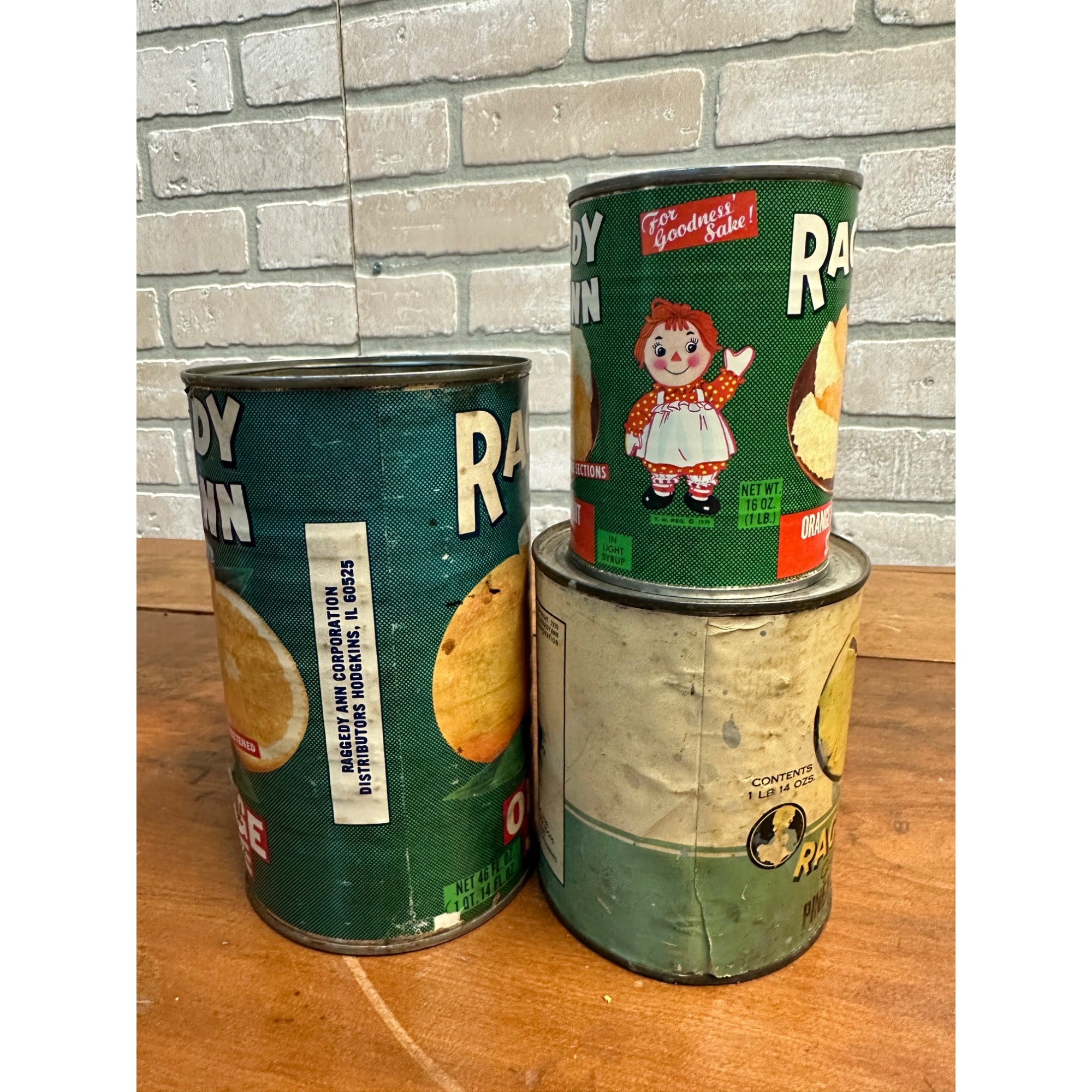 Vintage 1930s Raggedy Ann Tin Paper Label Cans Orange Juice, Pineapple, Grapefruit