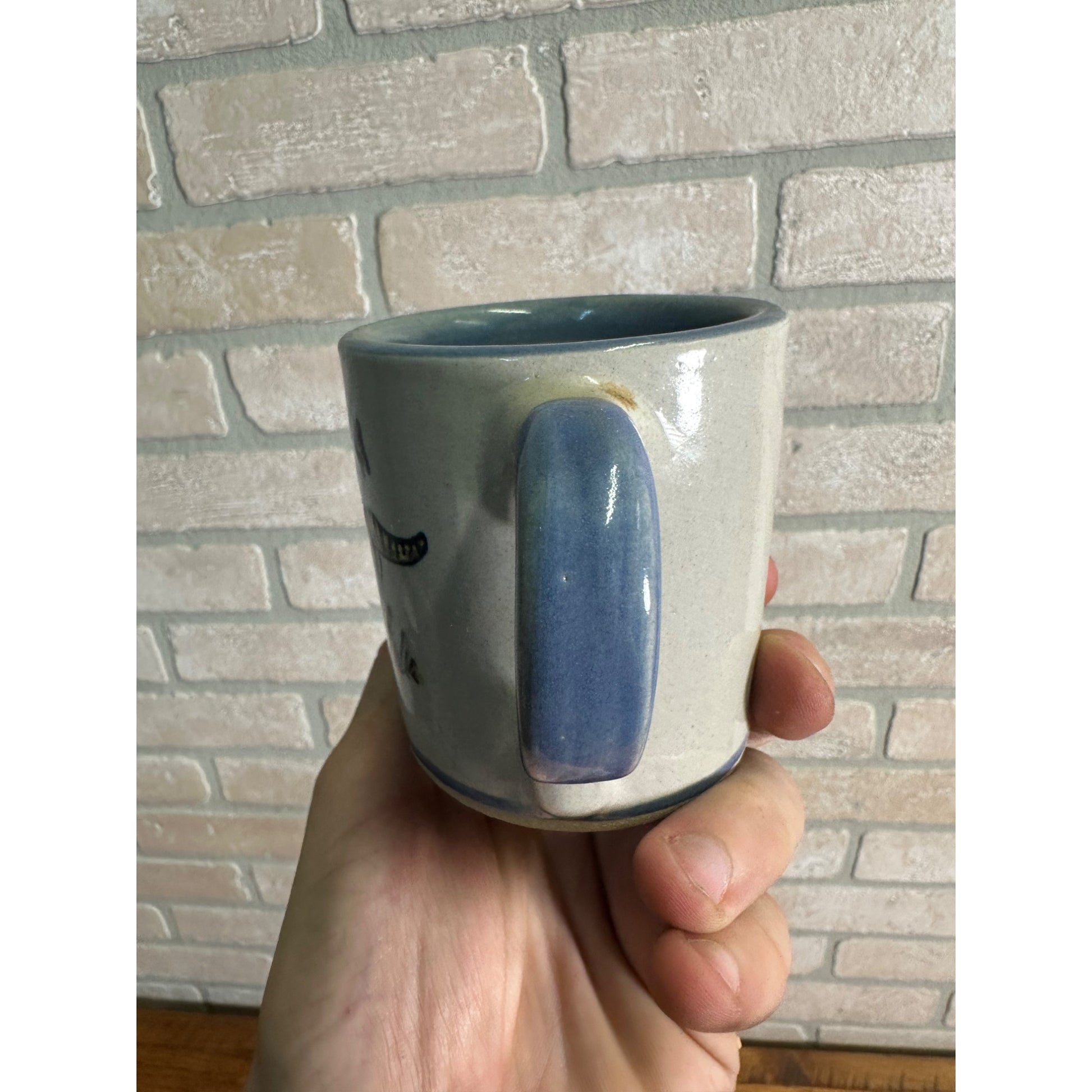 Louisville Stoneware Pottery Baby Tiger w/ Butterfly Mug Cup Gray Blue Trim HTF