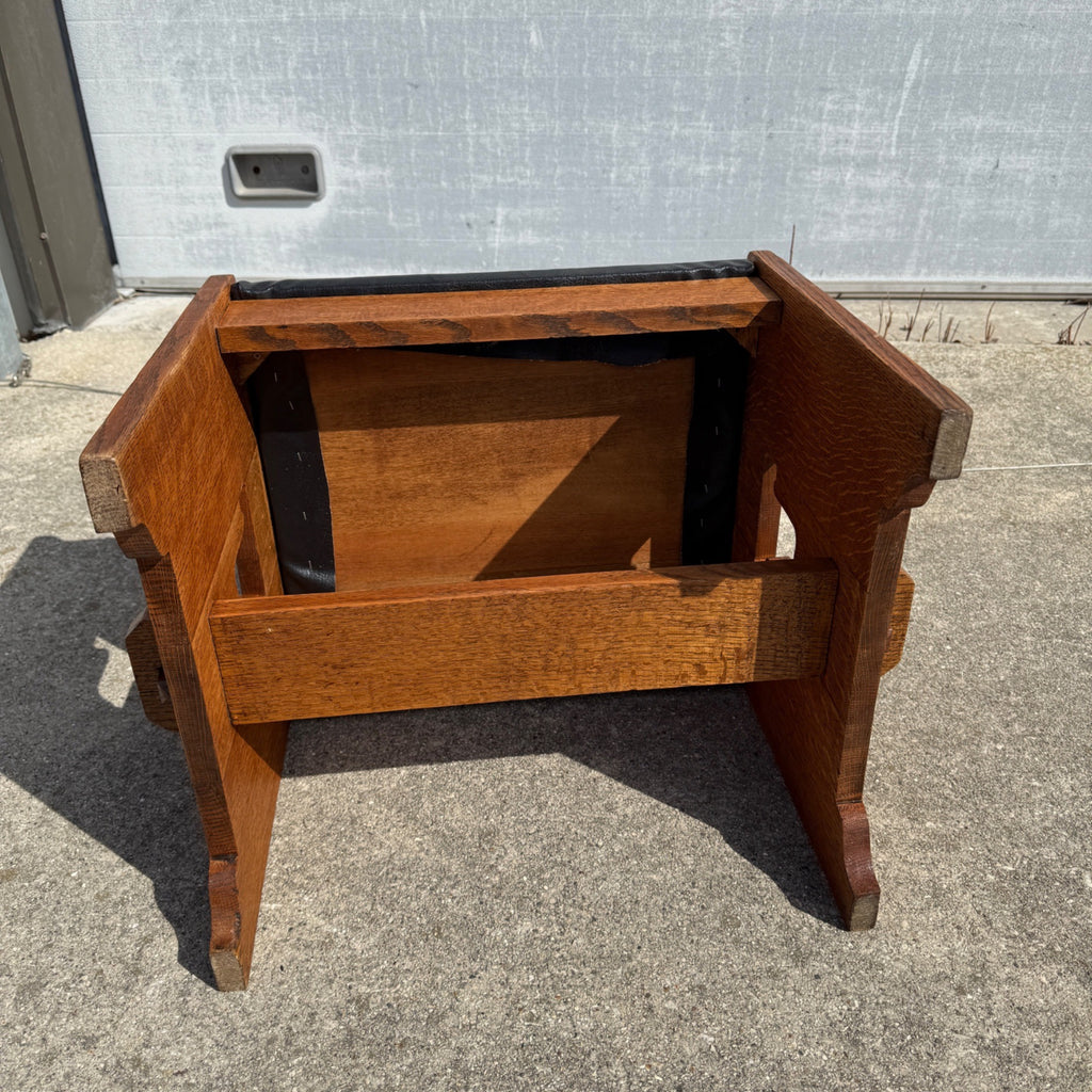 Vintage Arts & Crafts Quartersawn Oak Footstool Foot Rest Black Leater