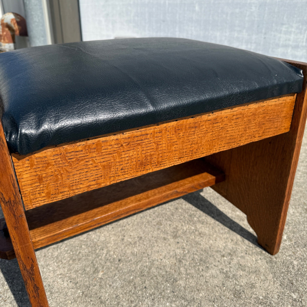 Vintage Arts & Crafts Quartersawn Oak Footstool Foot Rest Black Leater