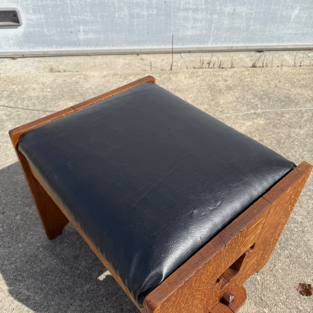 Vintage Arts & Crafts Quartersawn Oak Footstool Foot Rest Black Leater