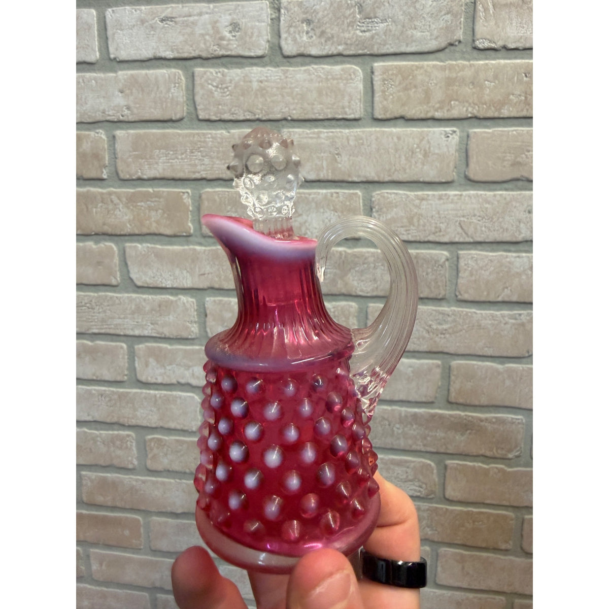 Vintage Cranberry Opalescent Hobnail Cruet With Stopper
