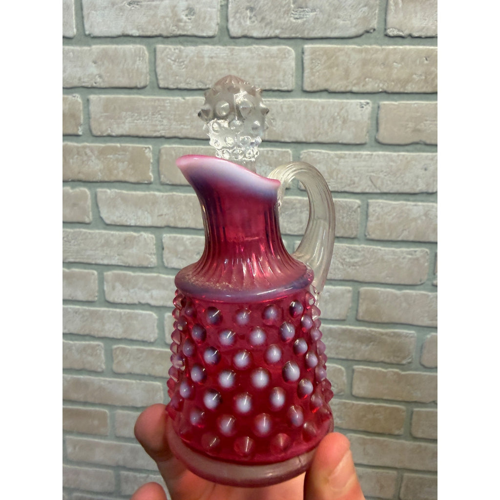 Vintage Cranberry Opalescent Hobnail Cruet With Stopper