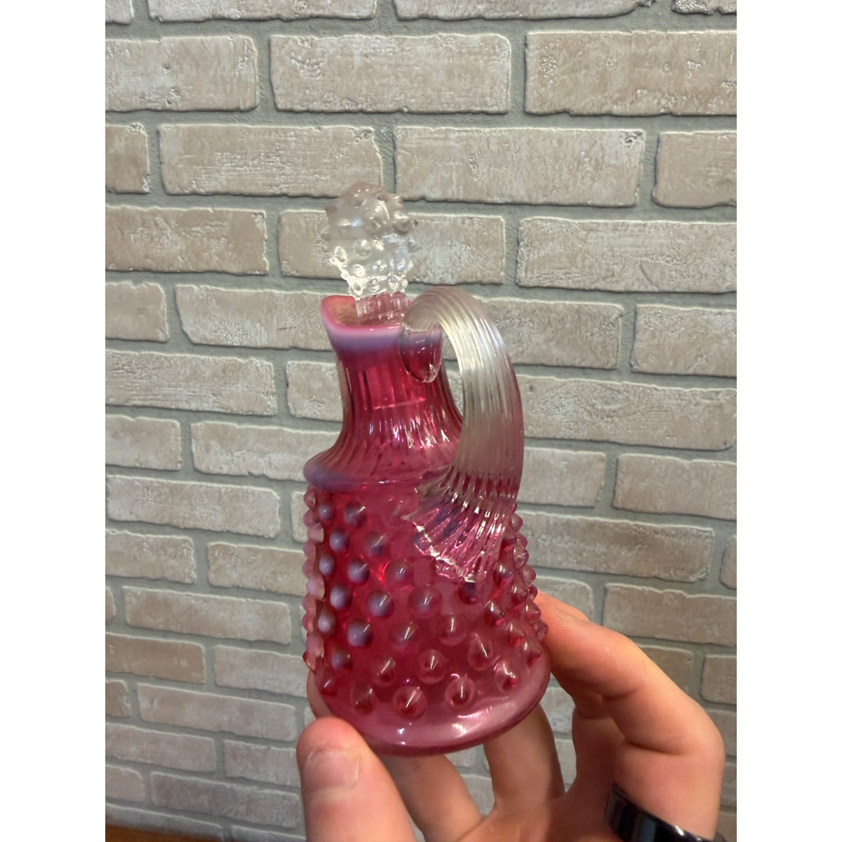 Vintage Cranberry Opalescent Hobnail Cruet With Stopper