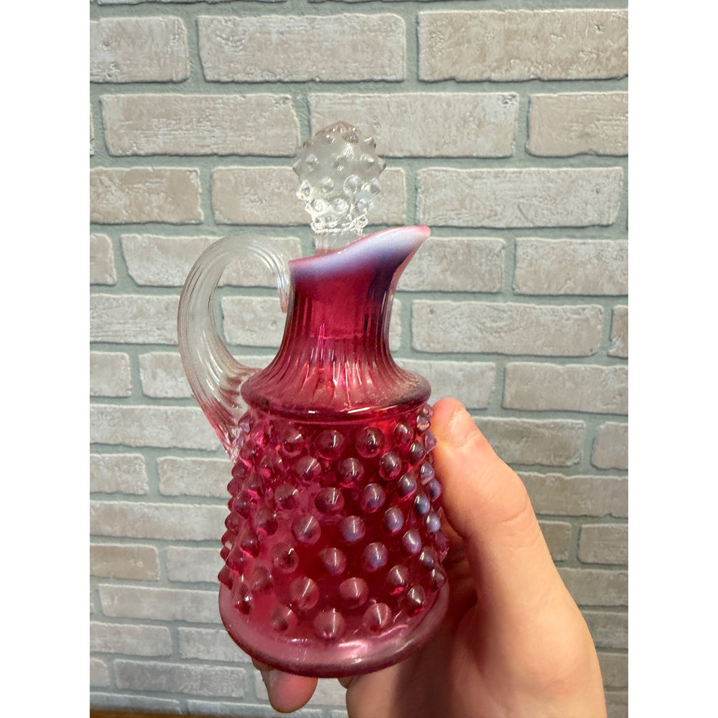 Vintage Cranberry Opalescent Hobnail Cruet With Stopper