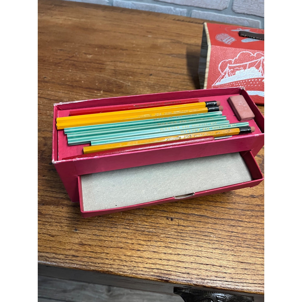 RARE Vintage 1930s Child's Travel Themed Pencil Set Railroad Airline TWA Ships