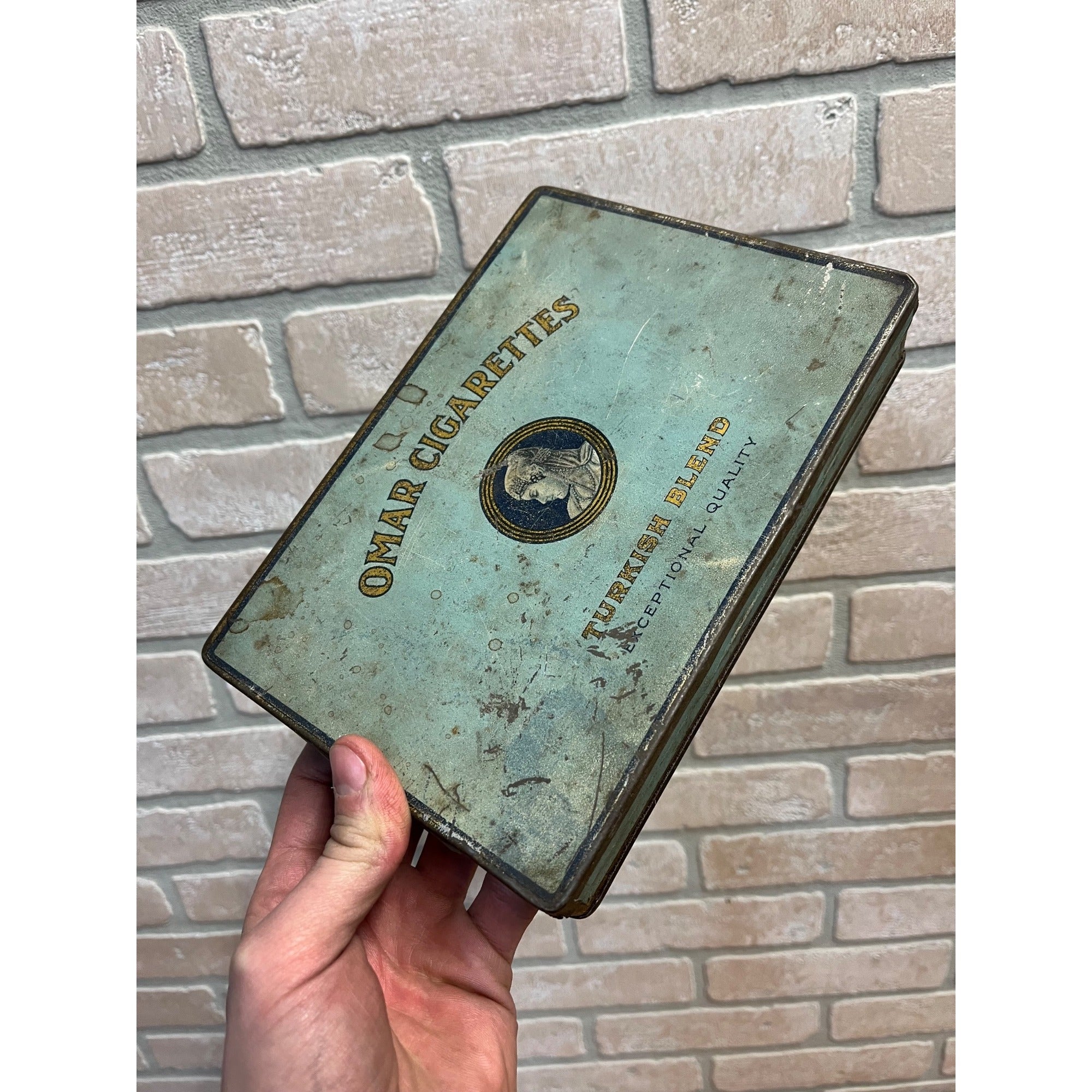 Vintage 1920s Omar Cigarettes Turkish Blend Tobacco Tin Hinged 8.5" x 6"