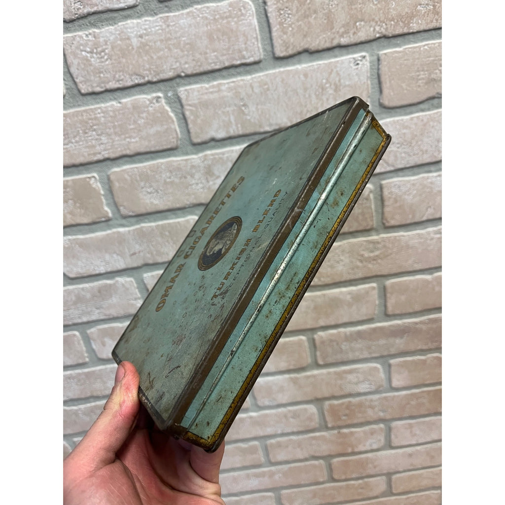 Vintage 1920s Omar Cigarettes Turkish Blend Tobacco Tin Hinged 8.5" x 6"