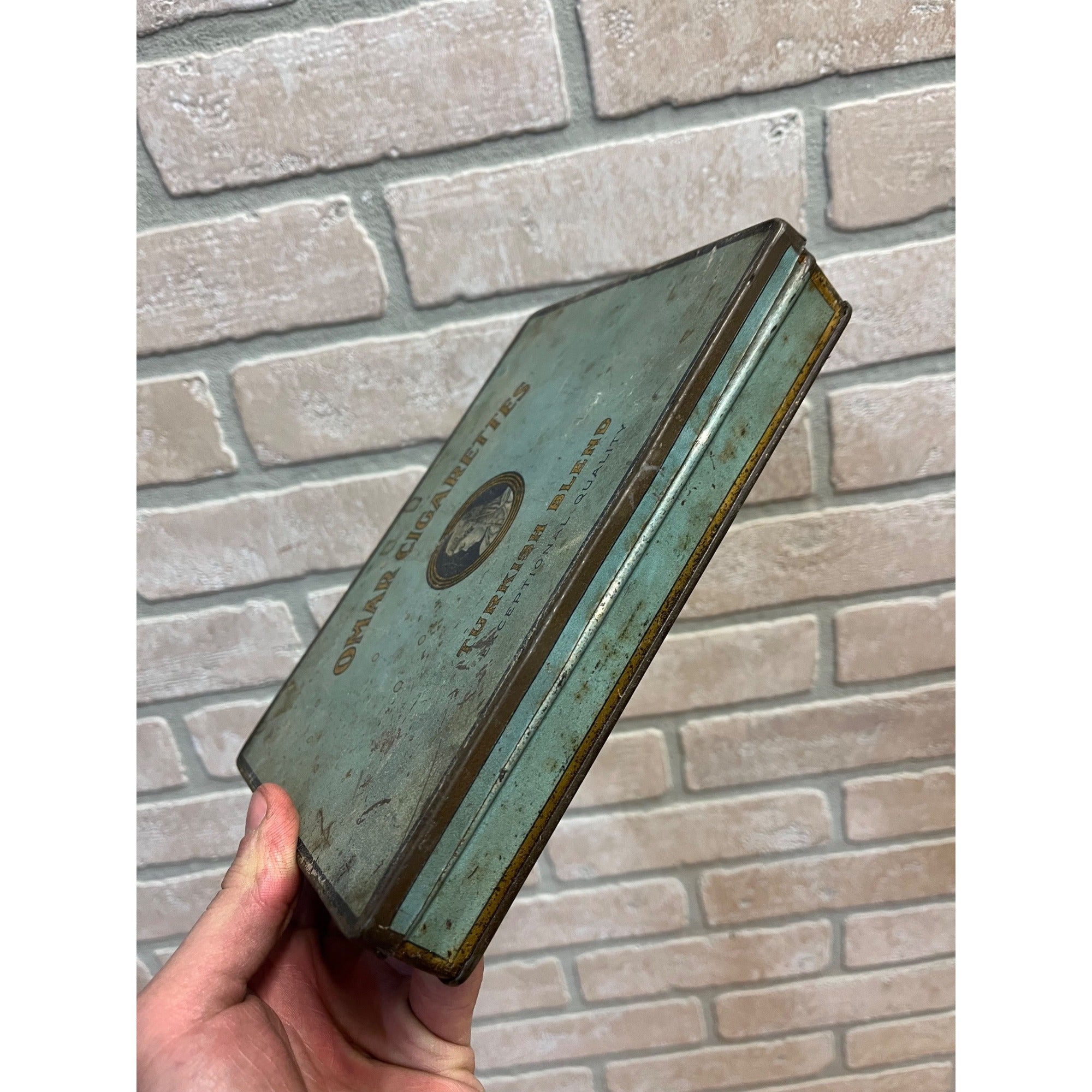 Vintage 1920s Omar Cigarettes Turkish Blend Tobacco Tin Hinged 8.5" x 6"