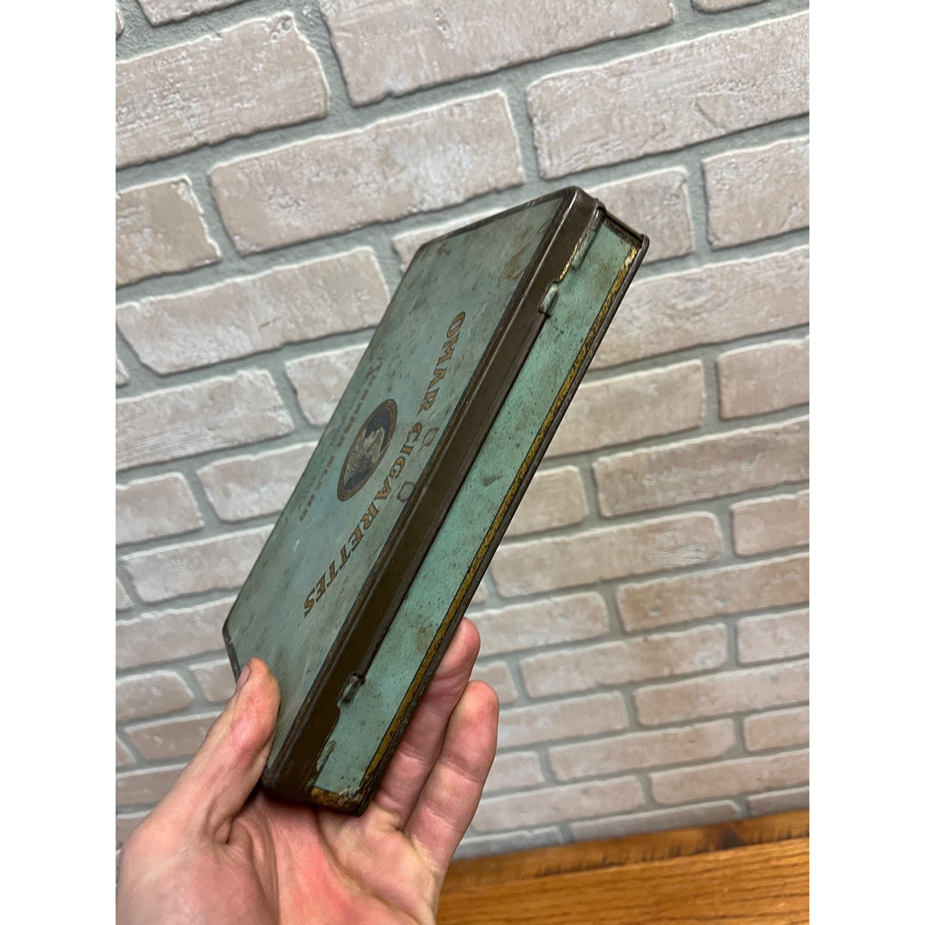 Vintage 1920s Omar Cigarettes Turkish Blend Tobacco Tin Hinged 8.5" x 6"