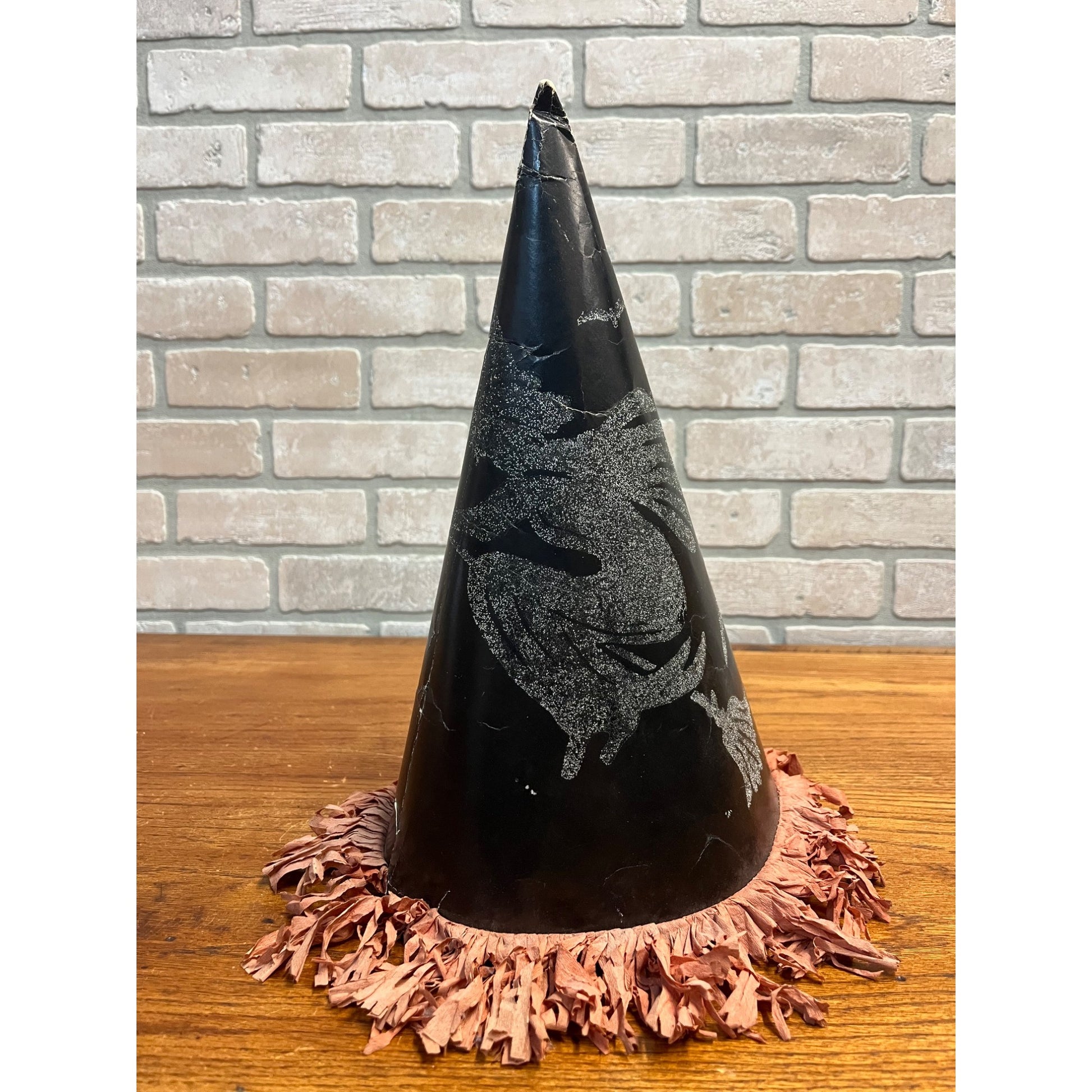 Vintage 1940s Halloween Flying Witch Cardboard Party Hat 14" w/ Tissue Paper
