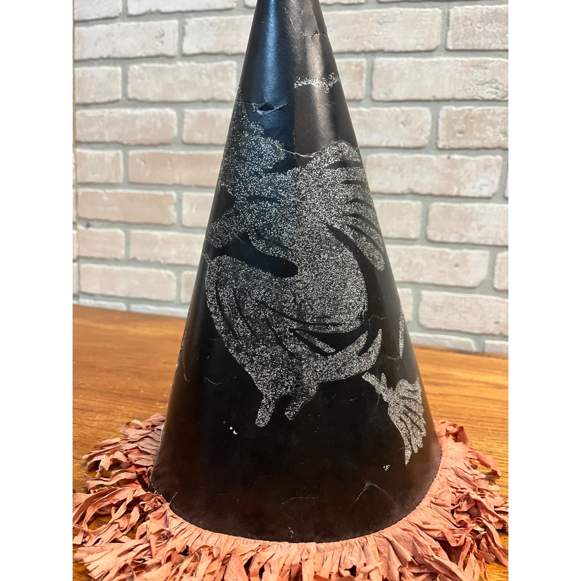 Vintage 1940s Halloween Flying Witch Cardboard Party Hat 14" w/ Tissue Paper
