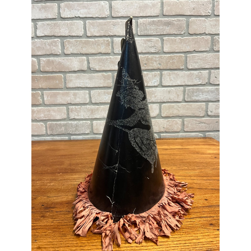 Vintage 1940s Halloween Flying Witch Cardboard Party Hat 14" w/ Tissue Paper