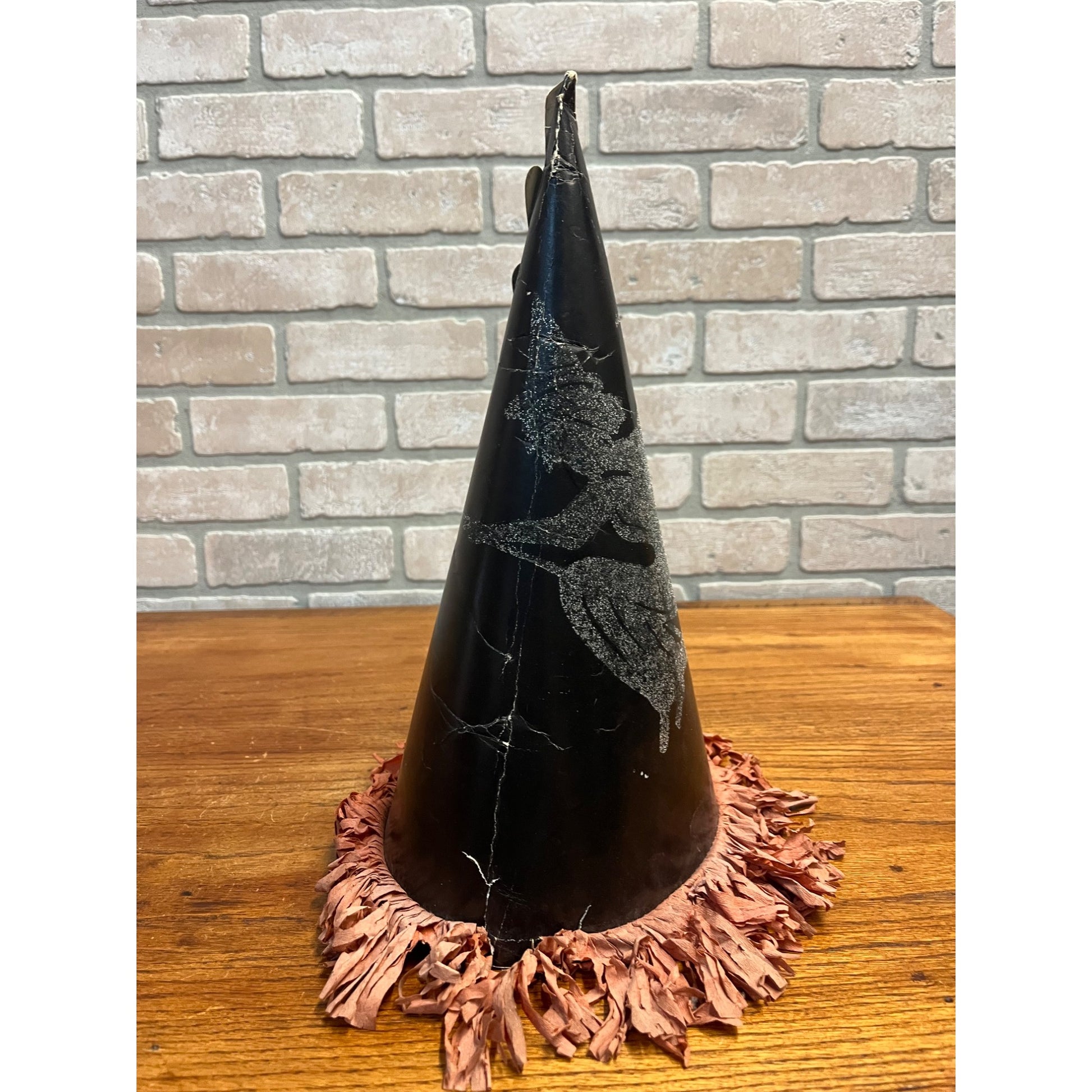 Vintage 1940s Halloween Flying Witch Cardboard Party Hat 14" w/ Tissue Paper