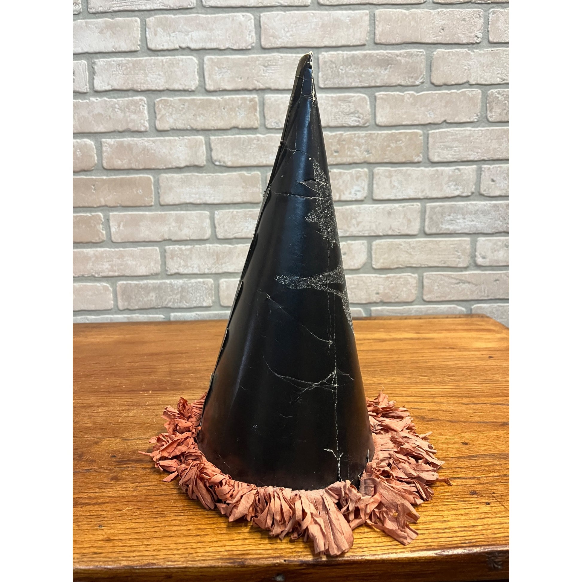 Vintage 1940s Halloween Flying Witch Cardboard Party Hat 14" w/ Tissue Paper