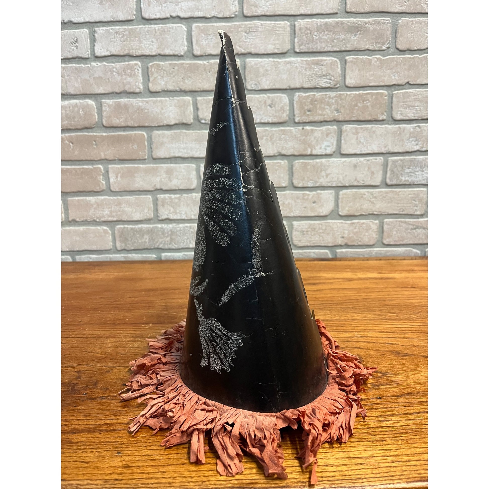 Vintage 1940s Halloween Flying Witch Cardboard Party Hat 14" w/ Tissue Paper