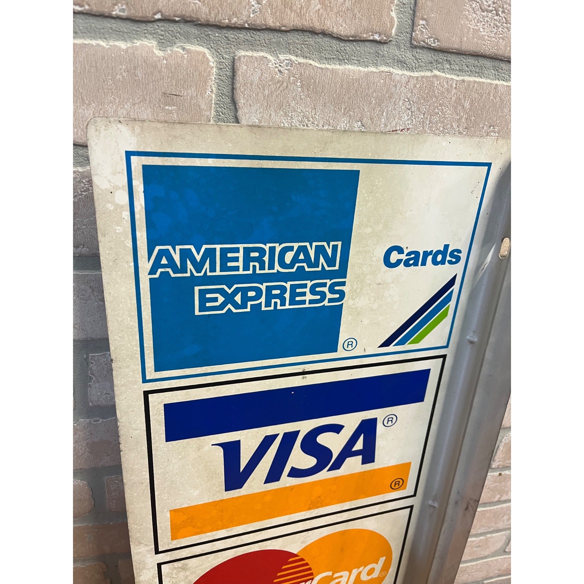 Vintage 1996 Visa Mastercard Credit Card Double Sided Flange Metal Sign