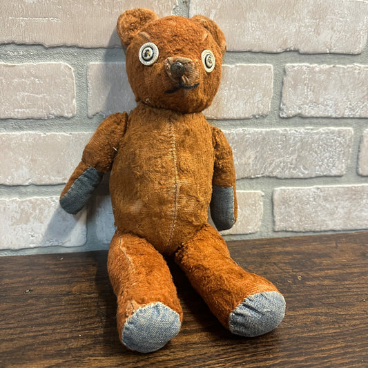 Early Handmade Brown Stuffed Teddy Bear Denim Paws