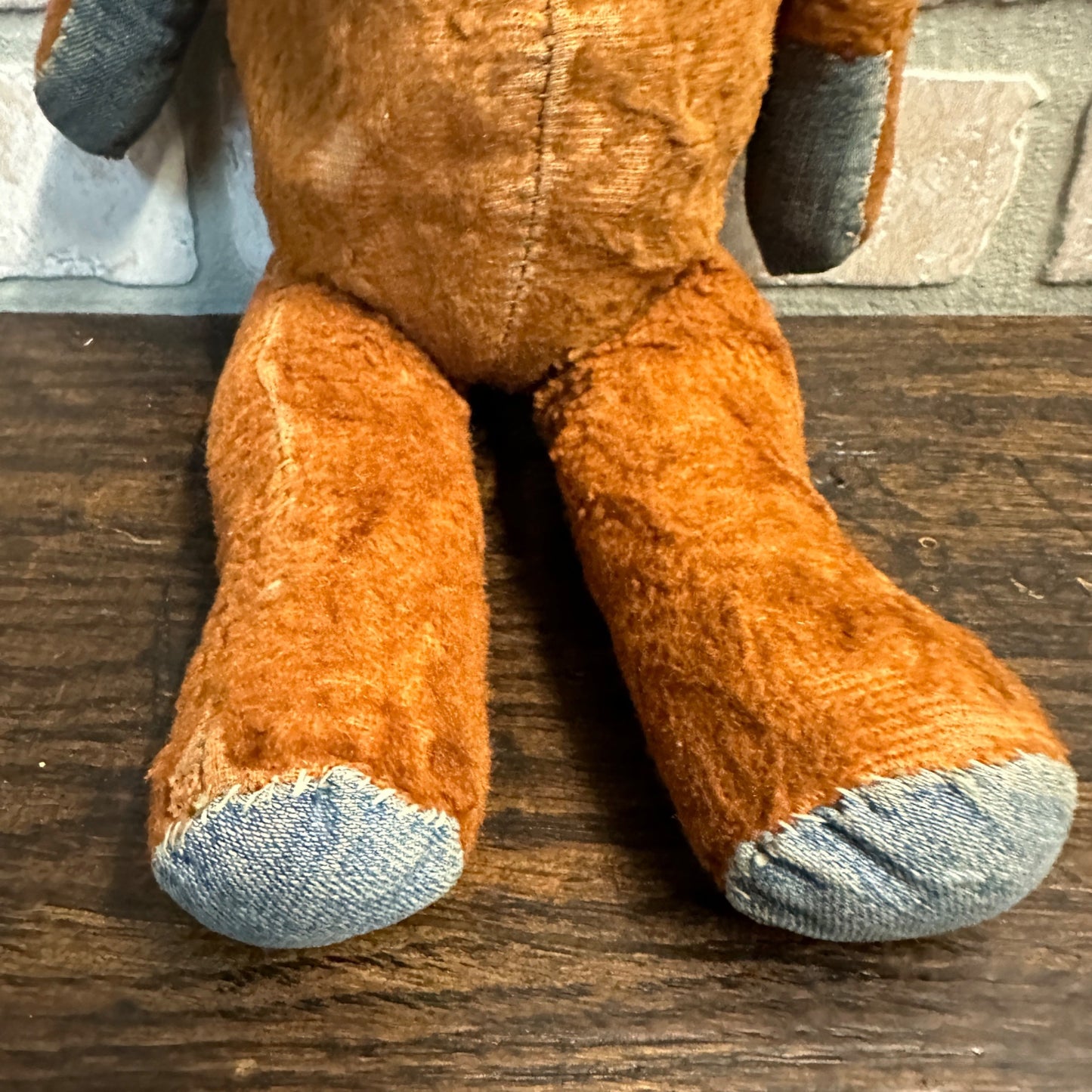 Early Handmade Brown Stuffed Teddy Bear Denim Paws