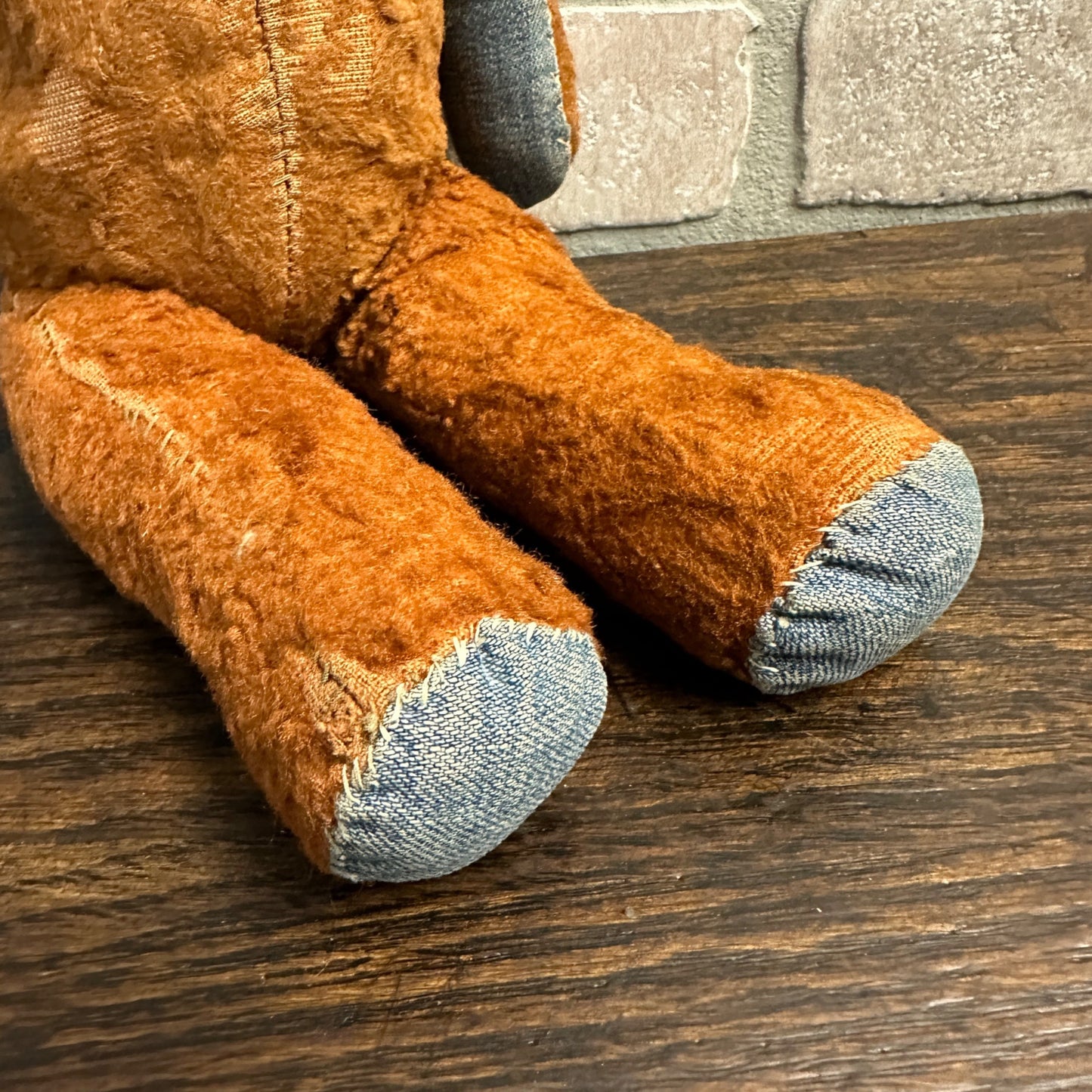 Early Handmade Brown Stuffed Teddy Bear Denim Paws